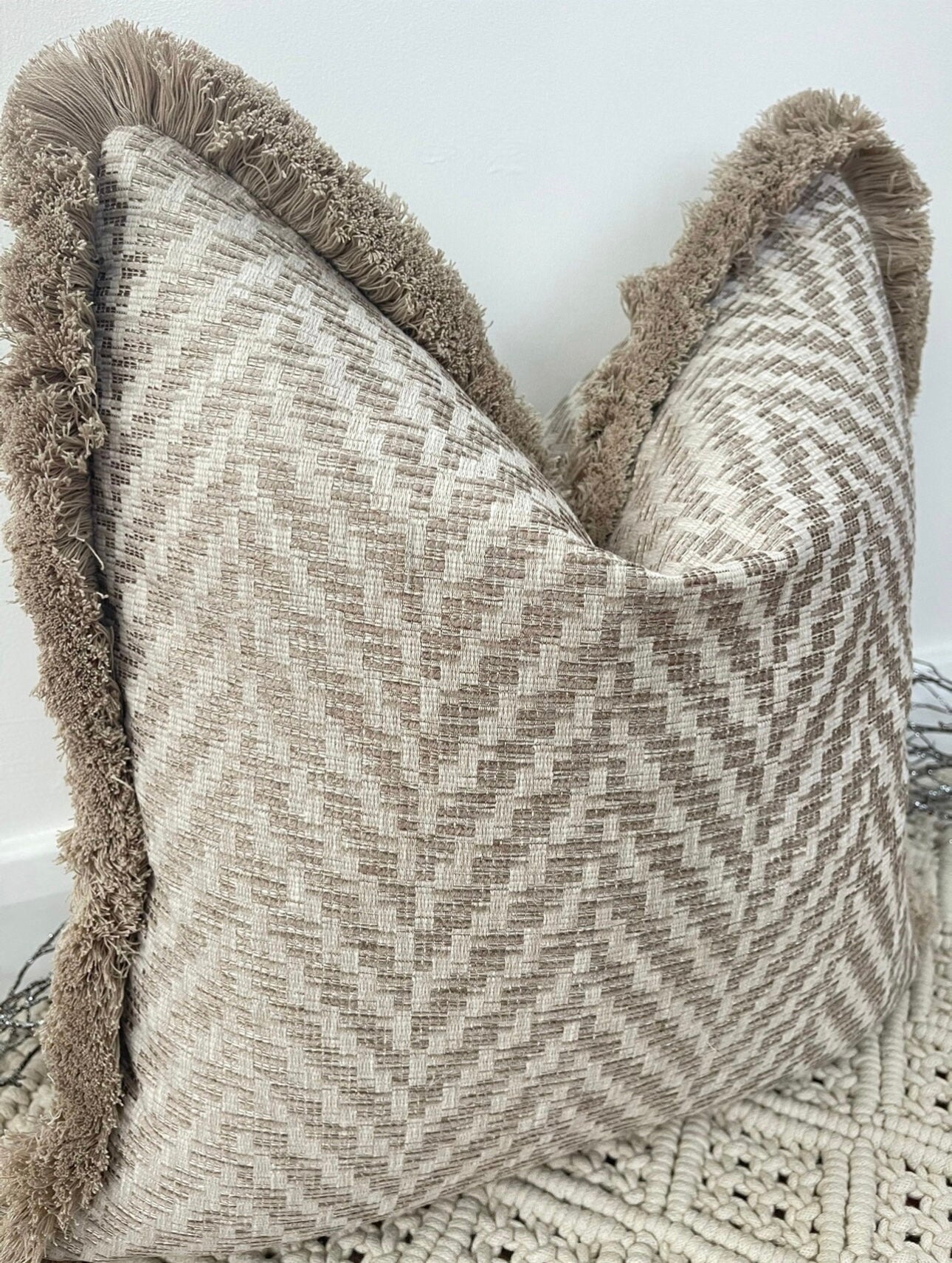 The Beige Michi Fringed In Light Tan  - 16" x 16"