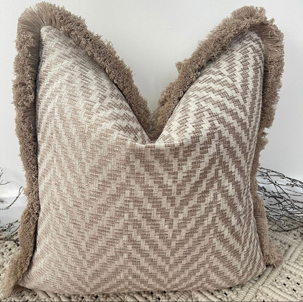 The Beige Michi Fringed In Light Tan  - 16" x 16"