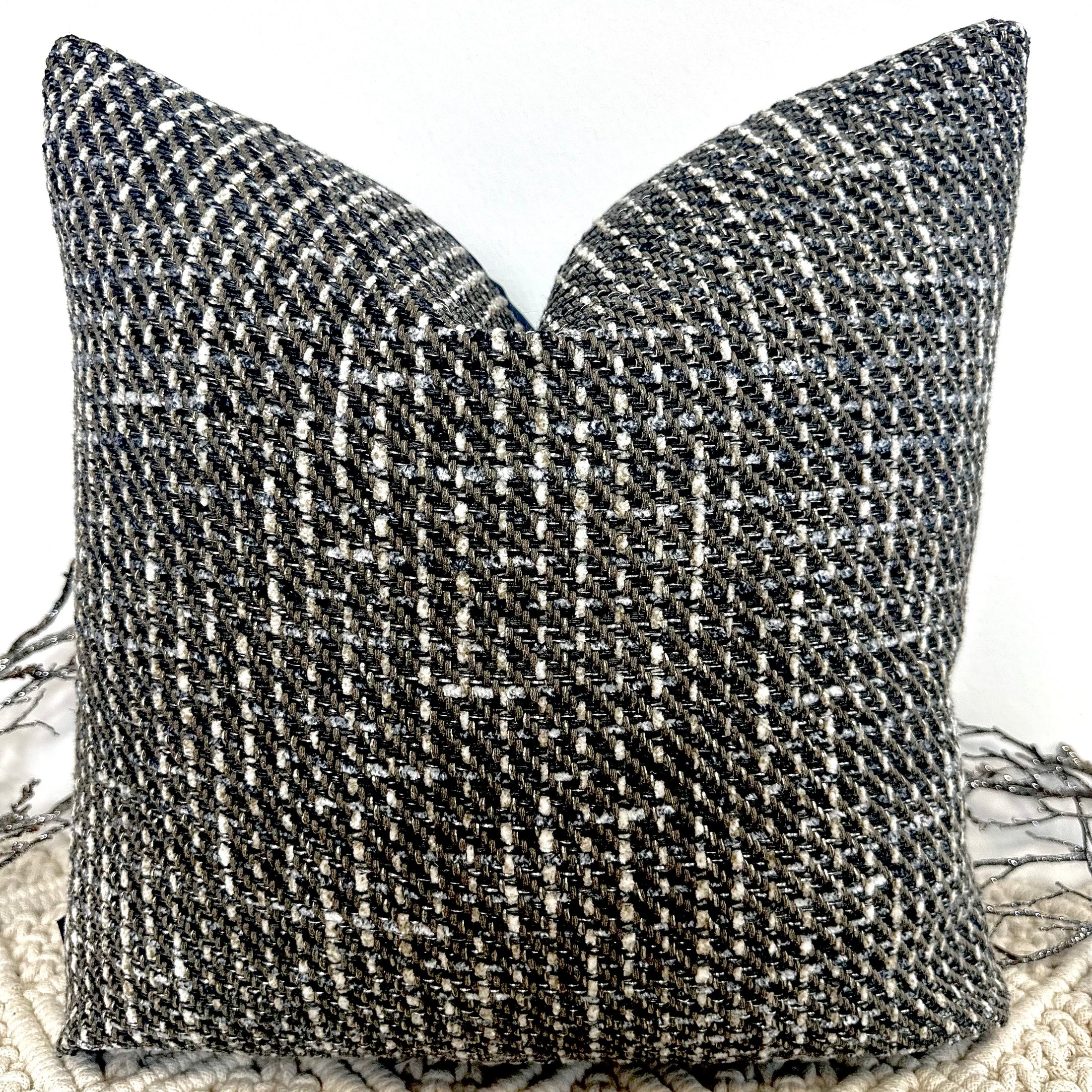 The Navy Woven and ROMO Velvet Cushion - 16” x 16”