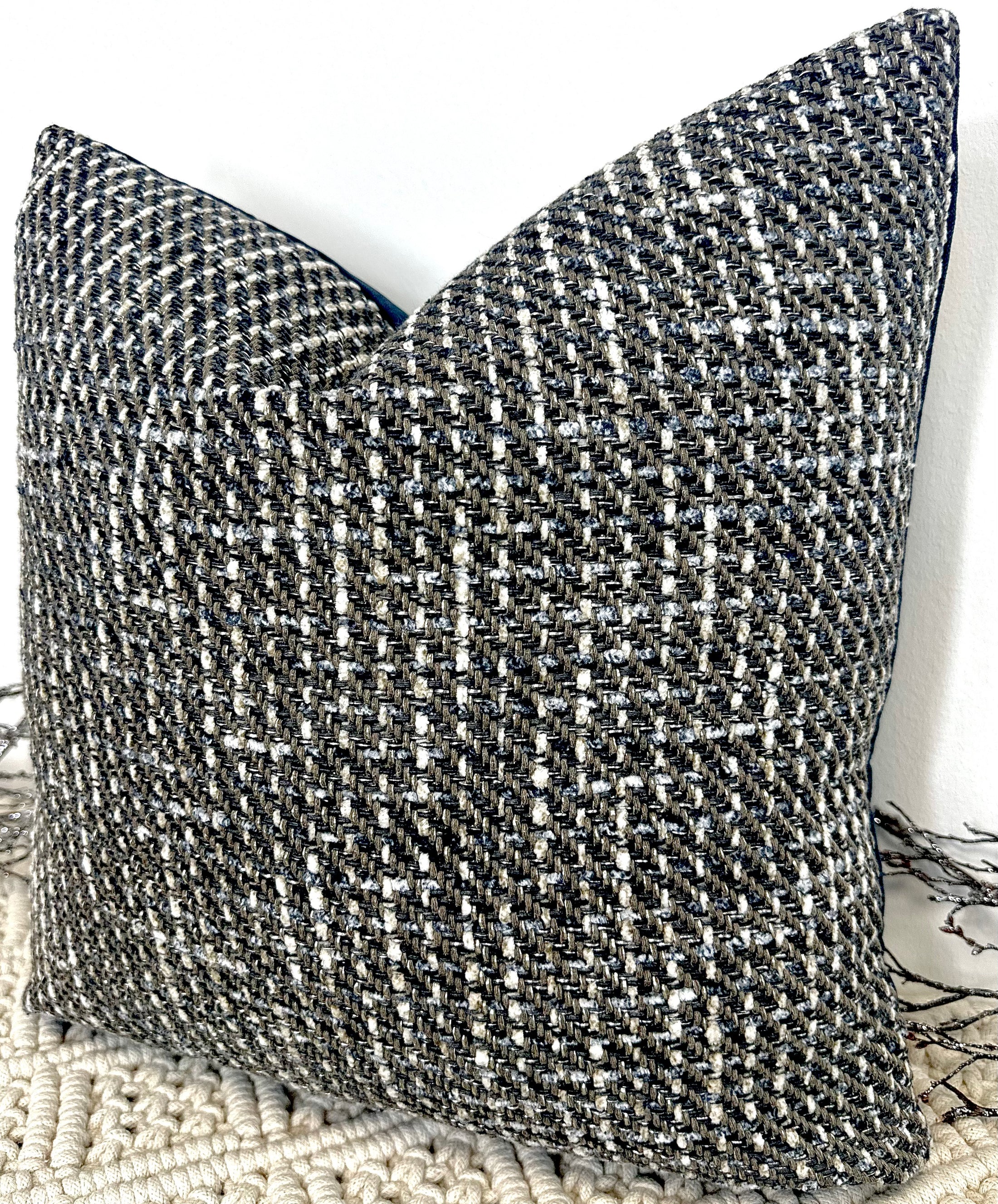 The Navy Woven and ROMO Velvet Cushion - 16” x 16”