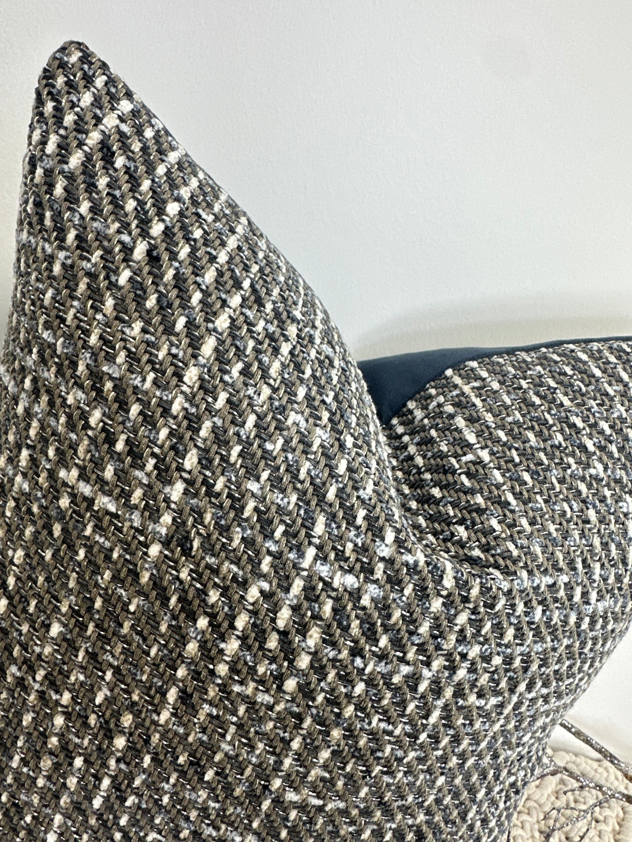 The Navy Woven and ROMO Velvet Cushion - 16” x 16”